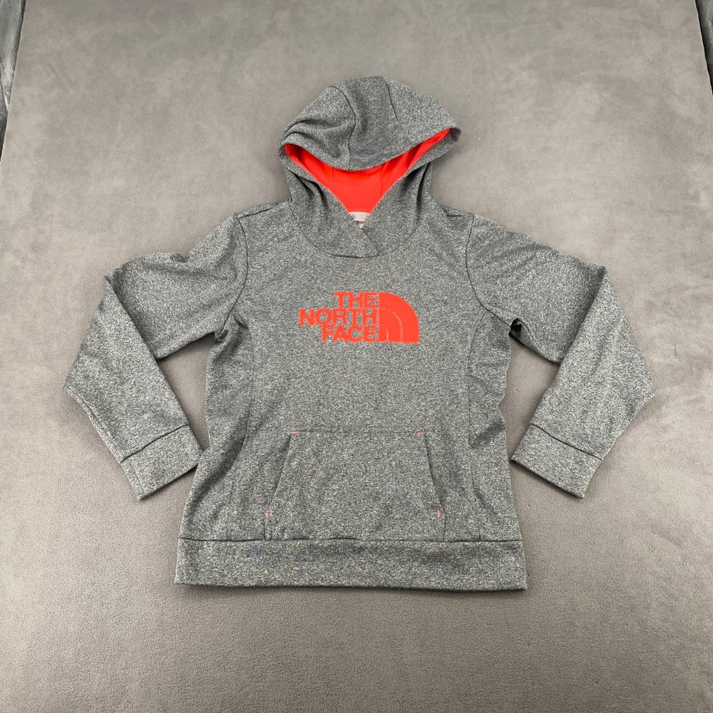The North Face Womens Gray Orange Logo Pullover Hoodie Size M Heathered Active